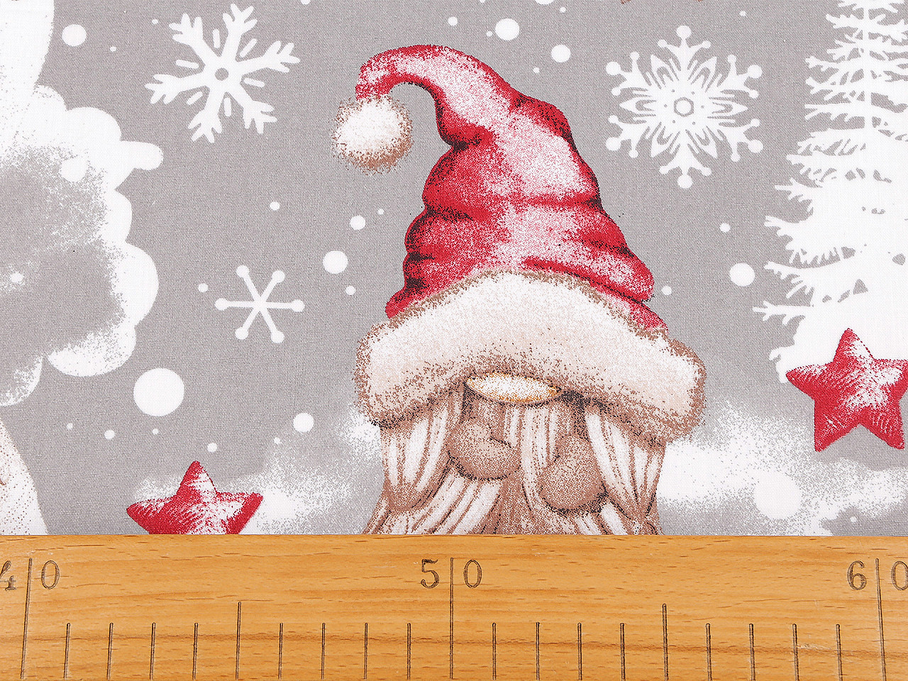 Vánoční bavlněná látka / plátno skřítek, střední, šedá