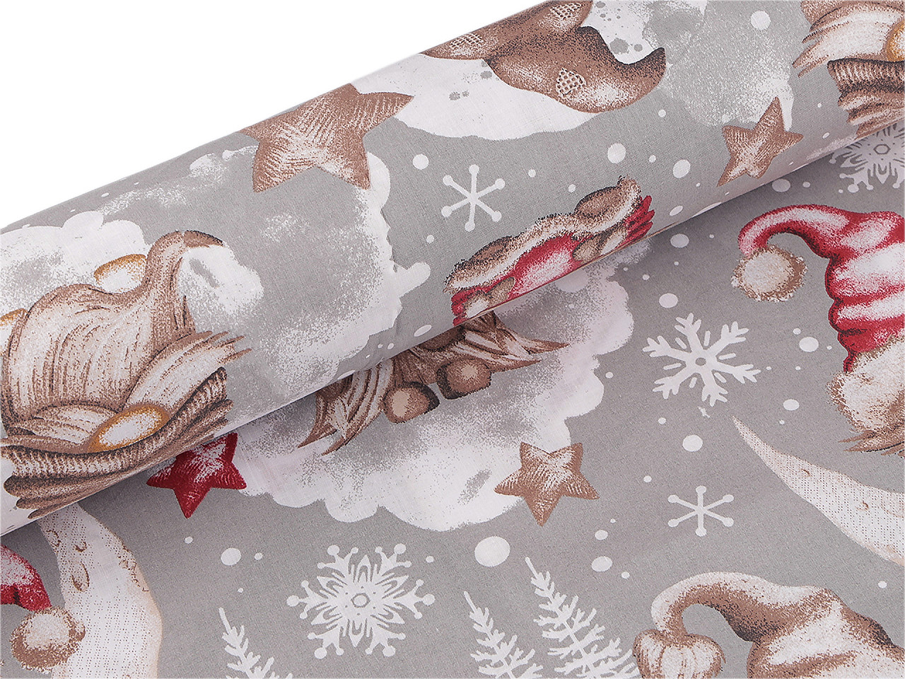 Vánoční bavlněná látka / plátno skřítek, střední, šedá