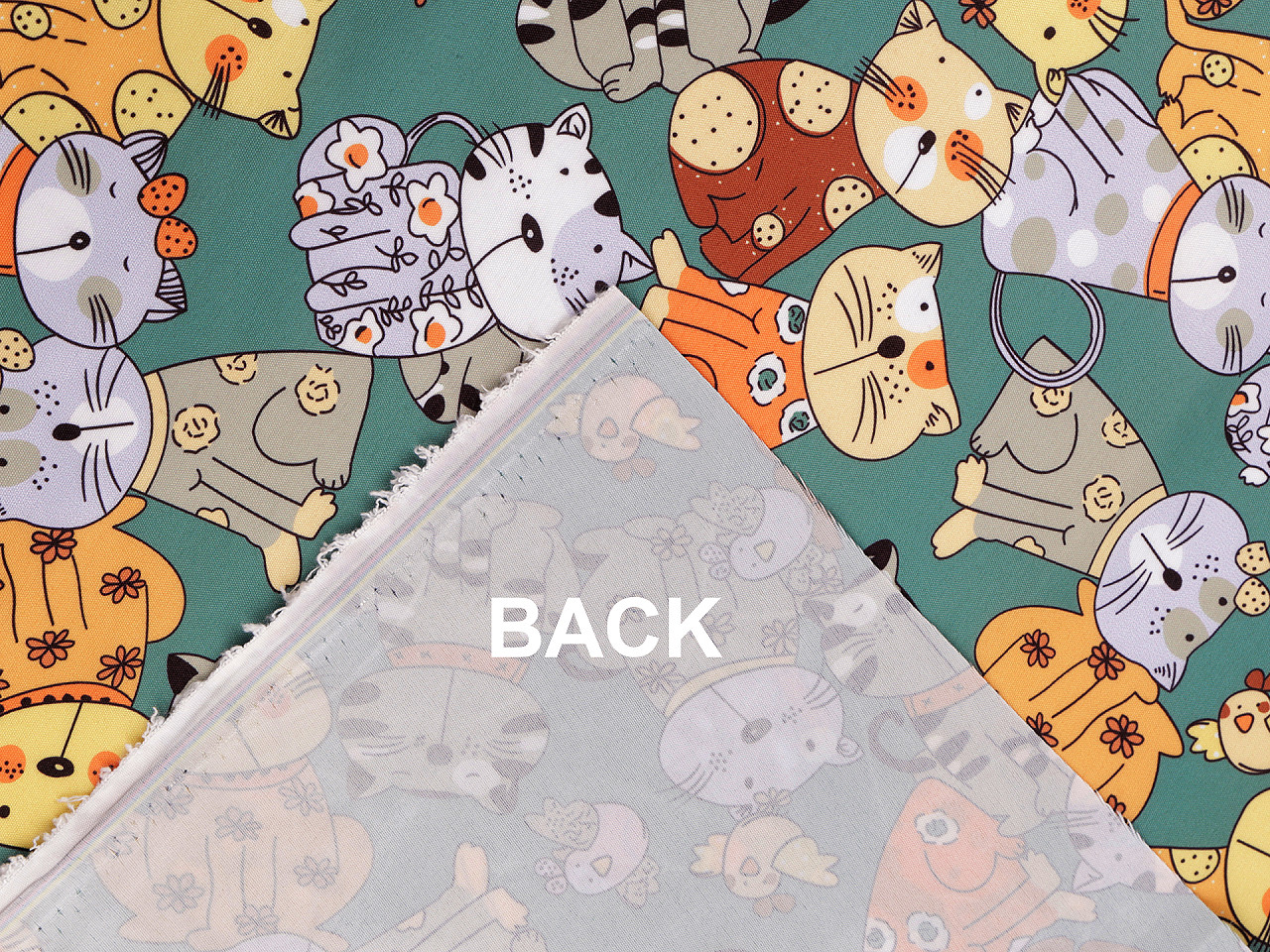 Látka PES s potiskem kočky, střední, zelená lahvová