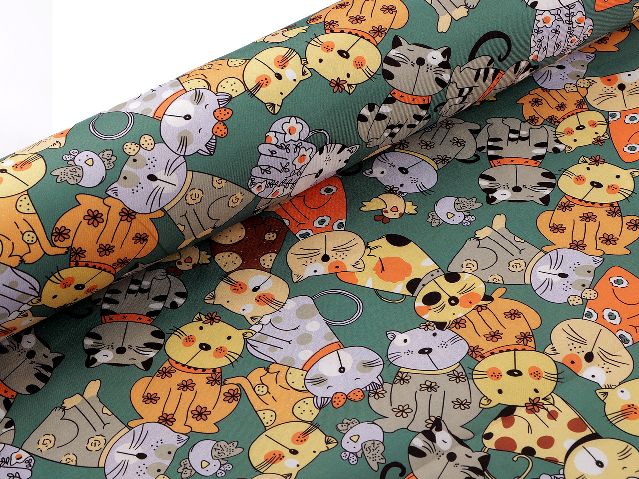 Látka PES s potiskem kočky, střední, zelená lahvová