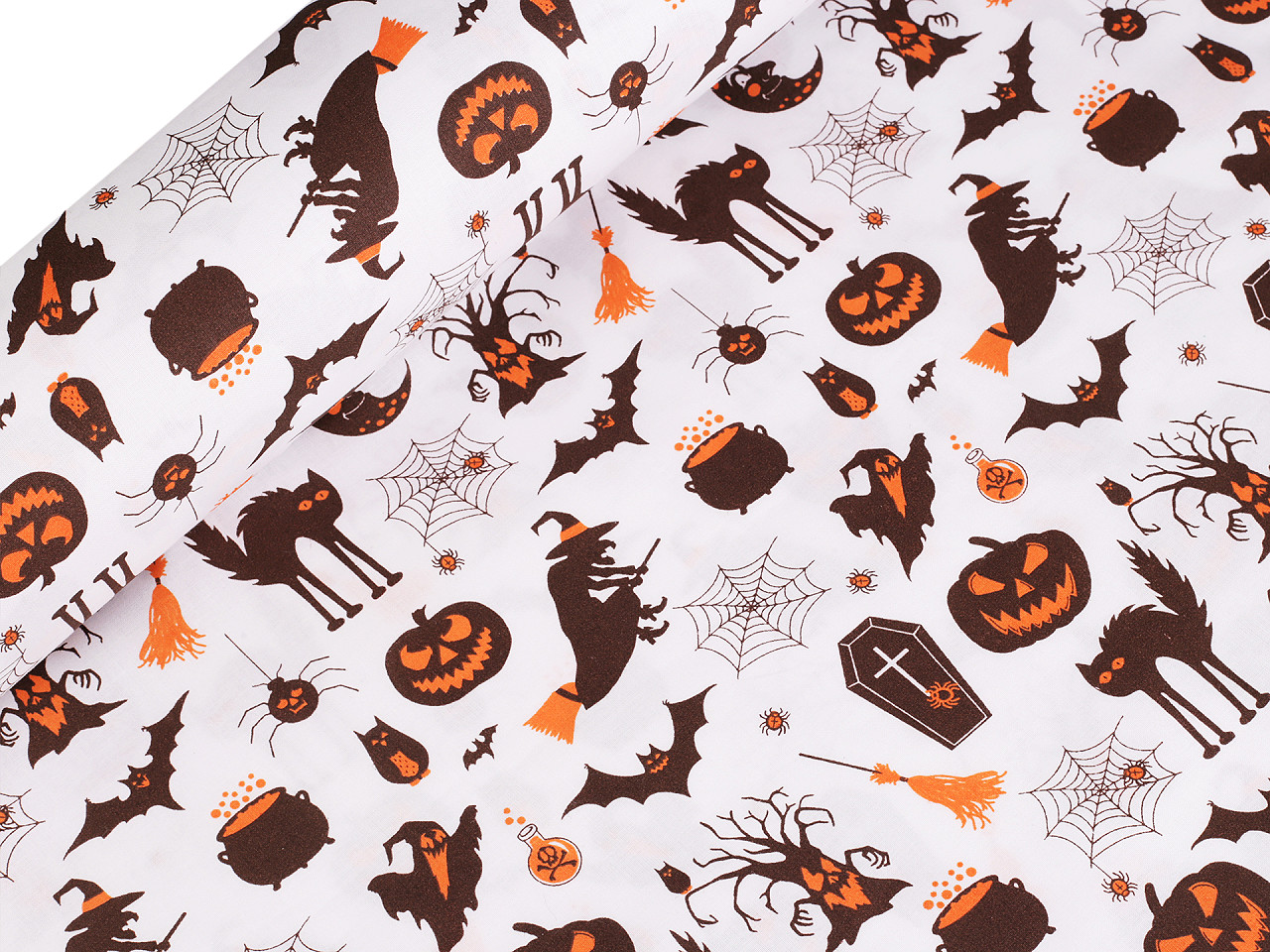 Bavlněná látka / plátno Halloween, střední, (22268-3) bílá hnědá