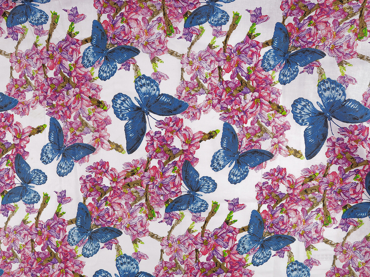 Bavlněná látka / plátno květy / motýli šíře 220 cm, střední, bílá