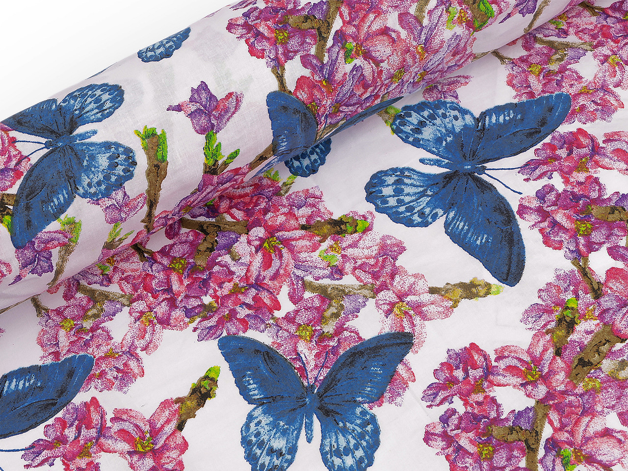 Bavlněná látka / plátno květy / motýli šíře 220 cm, střední, bílá