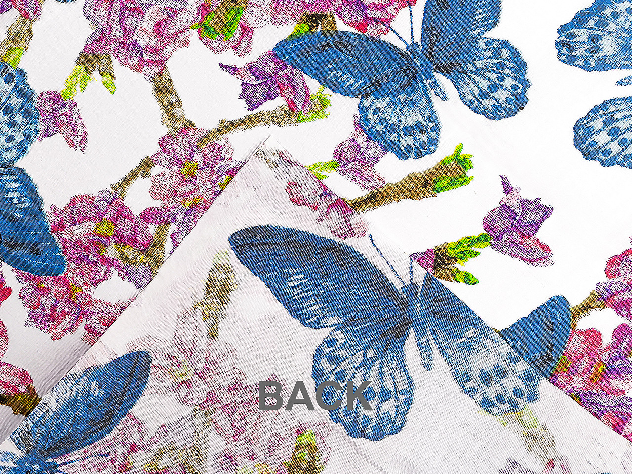 Bavlněná látka / plátno květy / motýli šíře 220 cm, střední, bílá