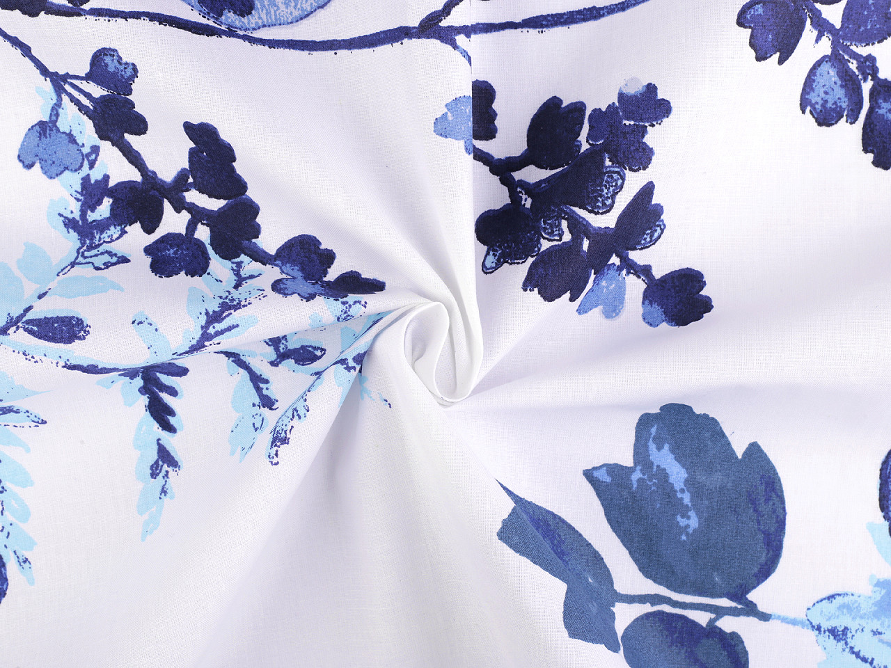 Bavlněná látka / plátno listy šíře 220 cm, střední, bílá modrá