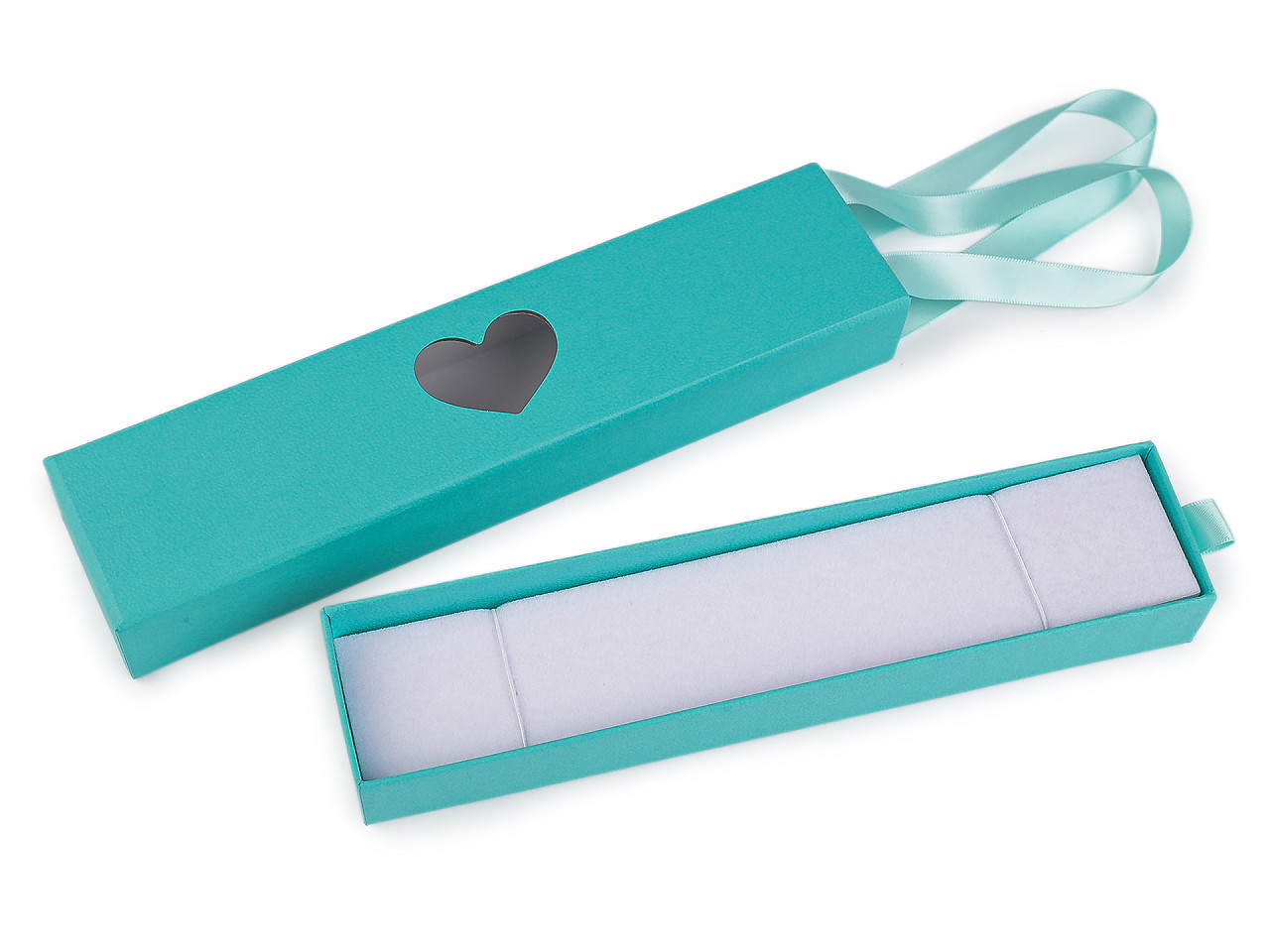 Krabička na šperky s průhledem srdce a uchem 5x22 cm, malé, 2 růžová sv.