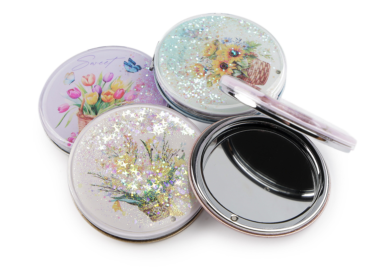 Kosmetické zrcátko s tekutými glitry květy, velké, mix variant