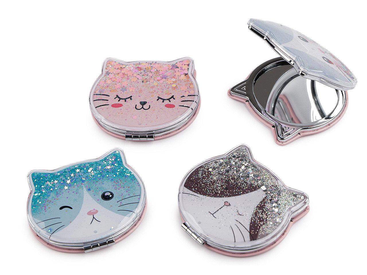 Kosmetické zrcátko s tekutými glitry kočka, velké, mix variant