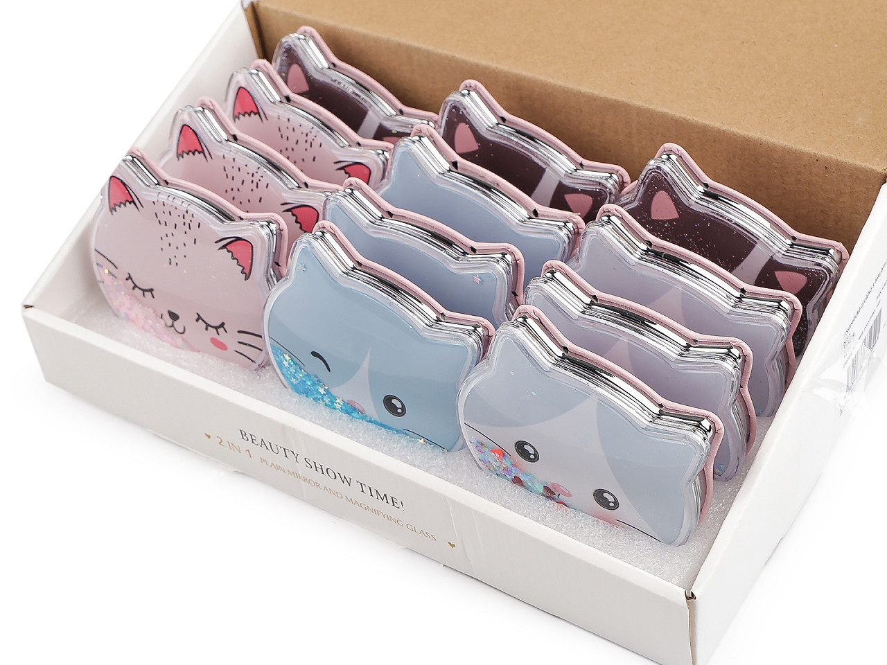 Kosmetické zrcátko s tekutými glitry kočka, velké, mix variant