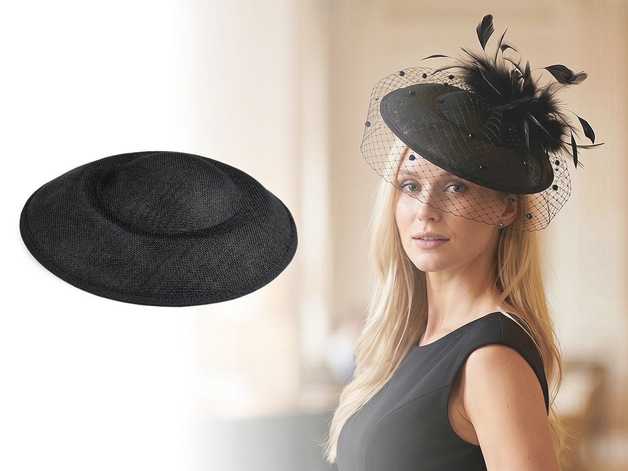 Klobouček / polotovar na výrobu fascinátoru Ø25 cm, střední, černá