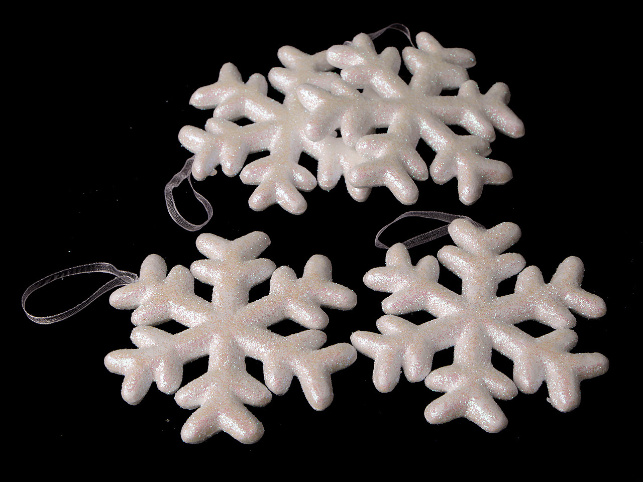 Sněhová vločka s glitry polystyren Ø10 cm k zavěšení, střední, bílá AB