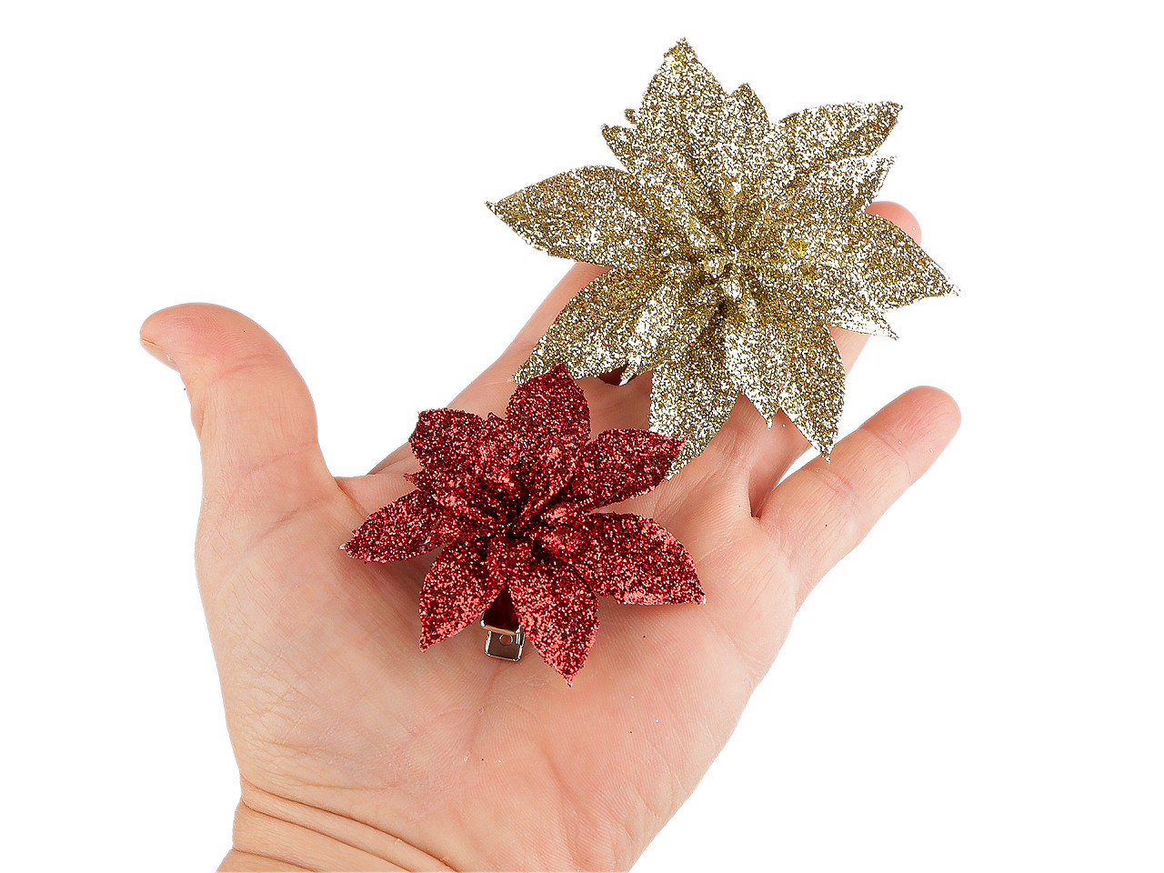 Vánoční hvězda s glitry a klipem Ø6; 8 cm, střední, 5 (Ø8 cm) zlatá