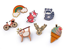 Spilla in legno, motivo: volpe, cane, bradipo, procione, unicorno