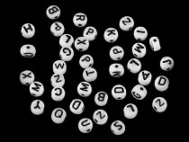 Perles plates en verre avec lettres, Ø 6 mm