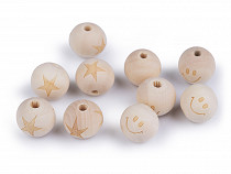 Perles en bois brut - Étoile, Smiley, Ø 20 mm