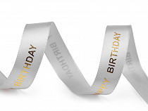 Ruban satiné avec imprimé « Happy Birthday » (« Joyeux anniversaire »)métallisé, largeur 16 mm