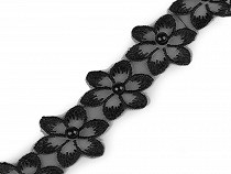 Galon / Dantelă brodată pe organza cu flori și perle, 35 mm