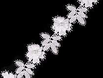 Dantelă guipure flori 3D cu perlă, lățime 42 mm
