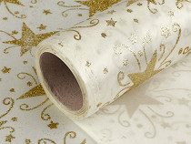 Tissu satiné de Noël, une face, largeur 48 cm, motifs étoiles et paillettes