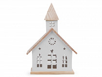 Chiesa decorativa in latta, con tetto in legno