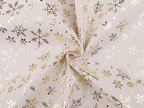 Tessuto di cotone motivo natalizio, imitazione lino metallico, motivo: fiocchi di neve