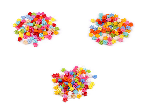 Mini bouton pour poupées et figurines, Ø 6 mm / Cœur, Étoile, Fleur