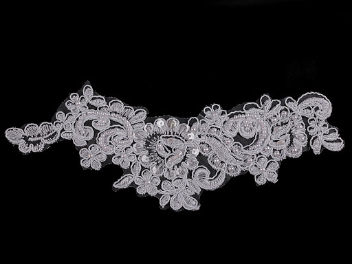 Lace Yoke Applique 8x22 cm with Embroidery and Faux Pearls