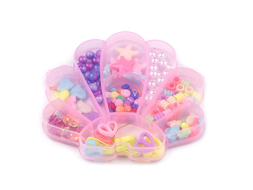 Assortiment de perles + ficelle en nylon dans une boîte - Coquillage, Licorne, Ourson