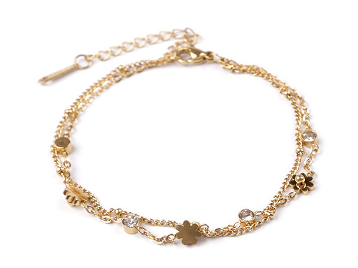 Bracelet double en acier inoxydable avec strass et fleurs