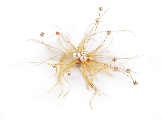 Feather brooch with pearls and cut beads