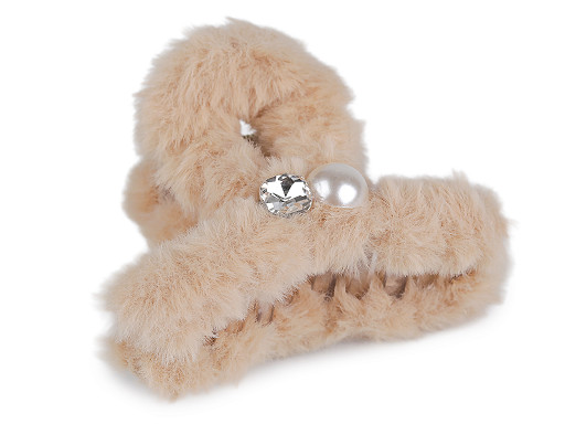 Skřipec do vlasů kožešinový s perlou a broušeným kamenem