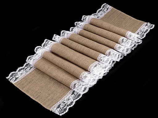 Traversă de masă din iută cu dantelă, 40x300 cm