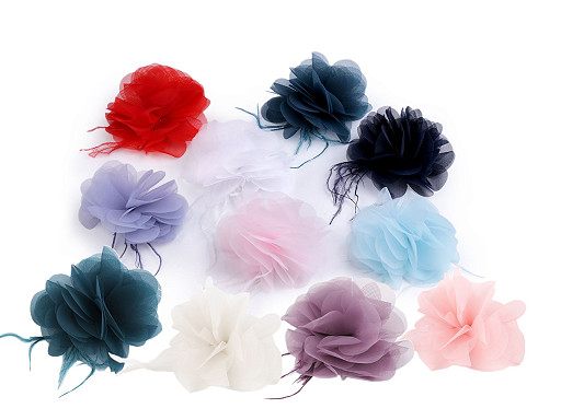 Chiffon Flower with Feathers, to sew-on, glue-on Ø8-9 cm