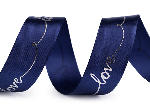 Satin Ribbon with Metallic printing Love, width 26 mm