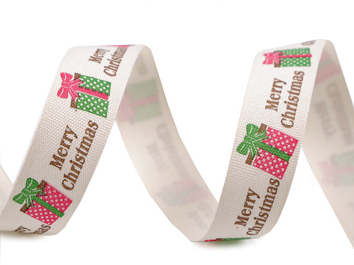 Weihnachten Baumwollband Merry Christmas, Stechpalme, Schneeflocken Breite 15 mm