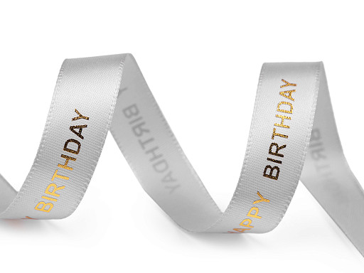 Satin Ribbon with Metallic Happy Birthday Print, width 16 mm