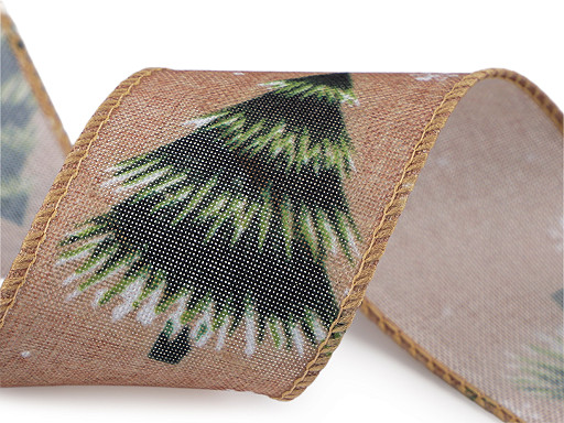 Božićna platnena vrpca s motivom drvca i žicom, širina 50 mm