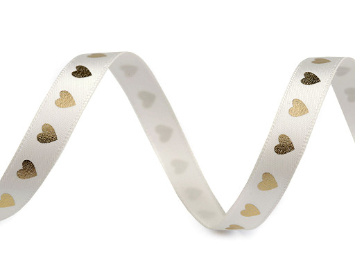 Satin ribbon with a metallic print, Heart, width 10 mm