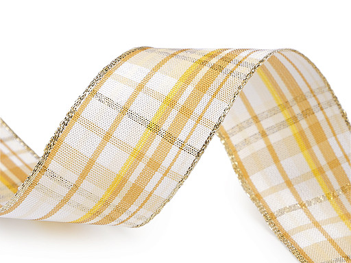 Károvaná stuha s lurexem a drátem šíře 40 mm
