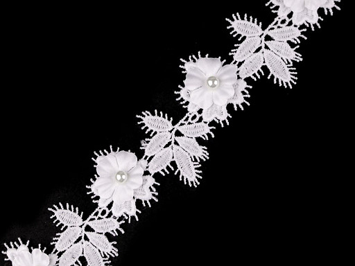 Ribete de encaje de guipur - Flores 3D con perla, ancho 42 mm