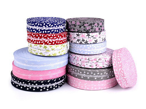 Cotton Bias Binding Tape with Flowers, width 20 mm, folded