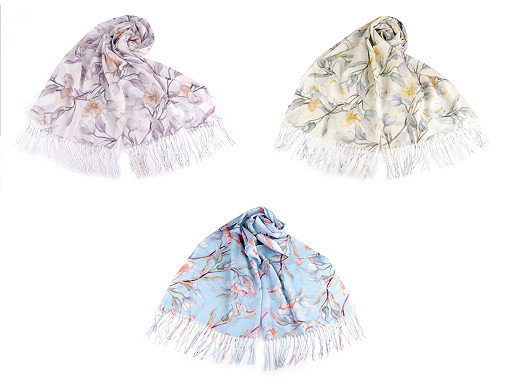 Summer scarf / shawl with fringe, flowers 70x180 cm