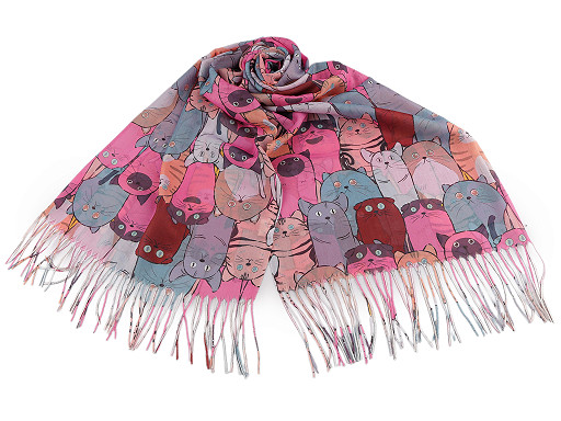 Sciarpa / scialle per il periodo estivo, con frange, motivo: gatti, dimensioni: 70 x 180 cm