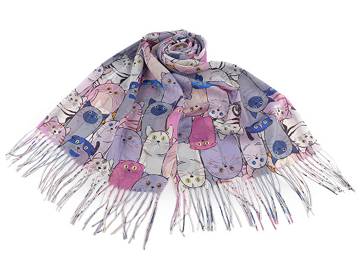 Summer scarf / shawl with fringe, cats 70x180 cm