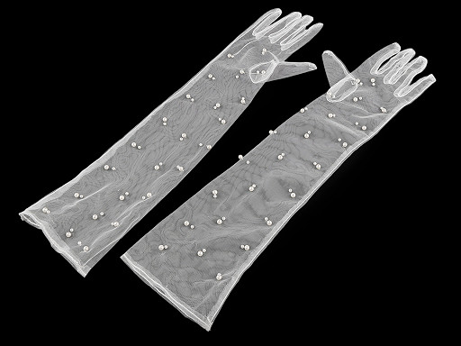 Дълги официални ръкавици от тюл с перли