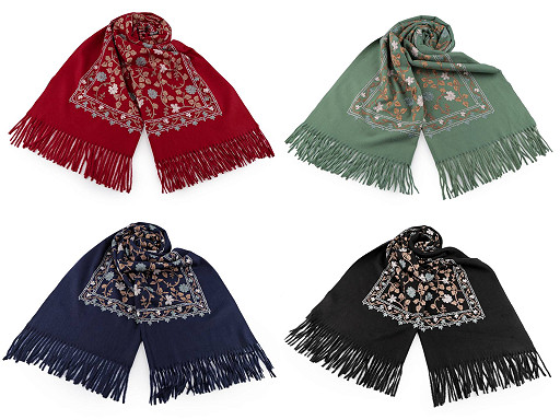 Großer warmer bestickter Schal/Plaid mit Fransen, kaschmirartig, 68 x 165 cm