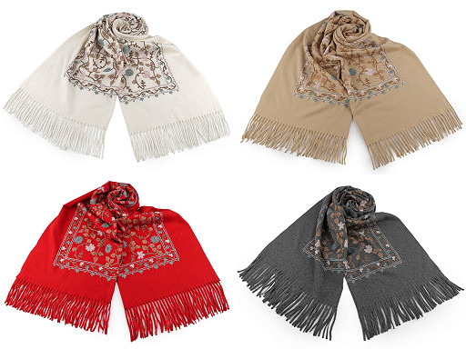 Szal / pled wyszywany z frędzlami, typu kaszmir 68x165 cm 