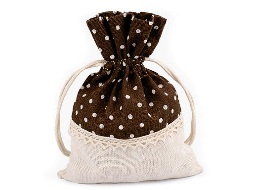 Borsa regalo in lino, con pois e pizzo, dimensioni: 13 x 18 cm