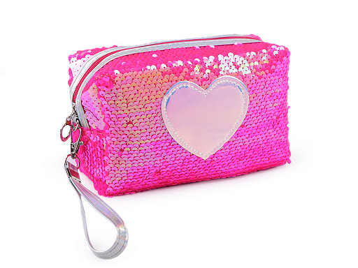 Trousse / astuccio per cosmetici con paillette, double-face, motivo: cuore, dimensioni: 18 x 11 cm