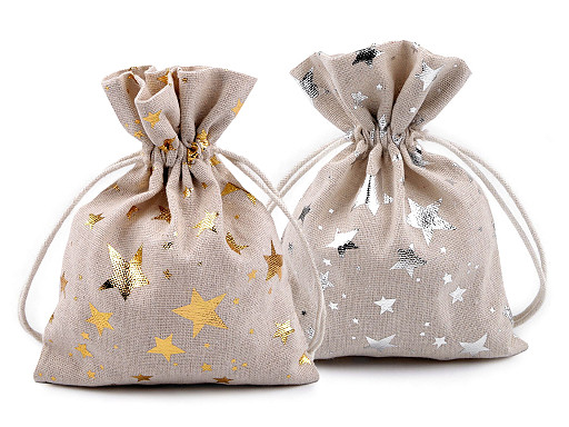 Sacchetto regalo in lino, motivo: stelle metalliche, dimensioni: 13 x 18 cm 